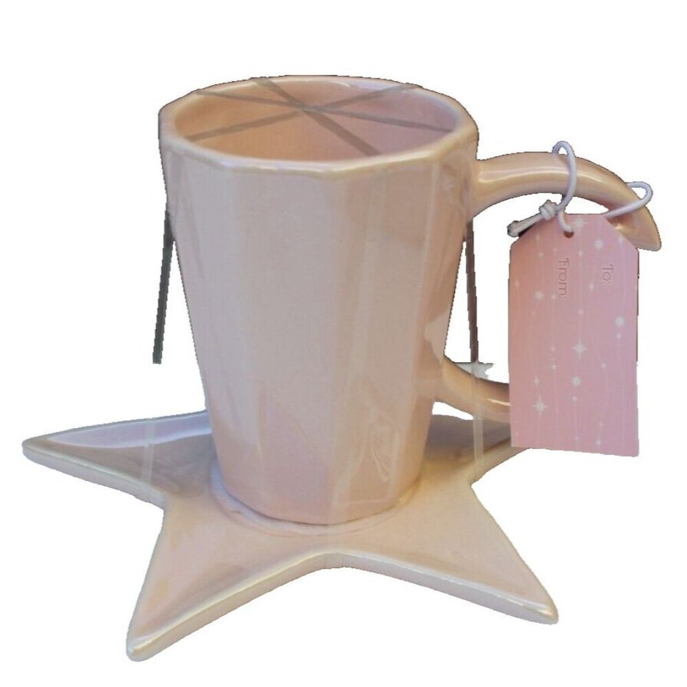 New Pink Ceramic Coffee Cup Mug Tea W/ Star & Moon Handle & Saucer Plate Set
